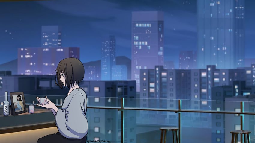 原创 1名女孩 长椅 黑发 黑裤子 蓝眼