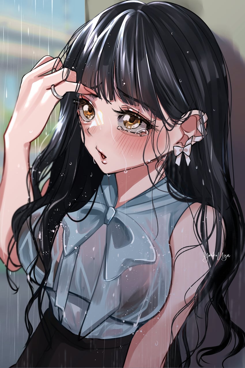 原创 1名女孩 手臂放在侧边 黑色文胸 黑发 黑裤子