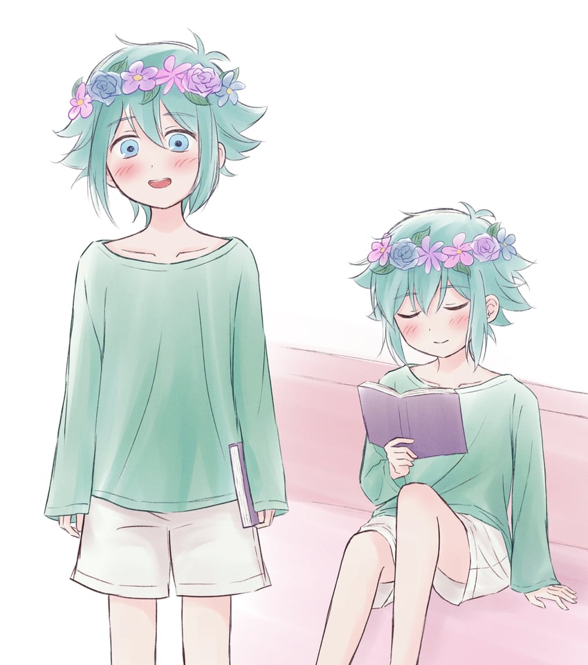 OMORI、Basil (梦境世界)、Basil (OMORI) 1名男孩 替换服装 异色瞳 呆毛 手臂支撑