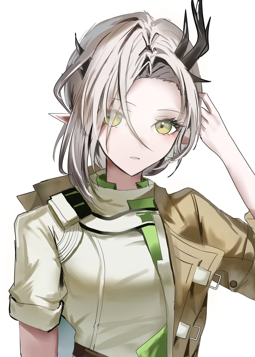 明日方舟、娜斯提 (明日方舟) 1名女孩 不对称角 女妖 棕色夹克 扣环