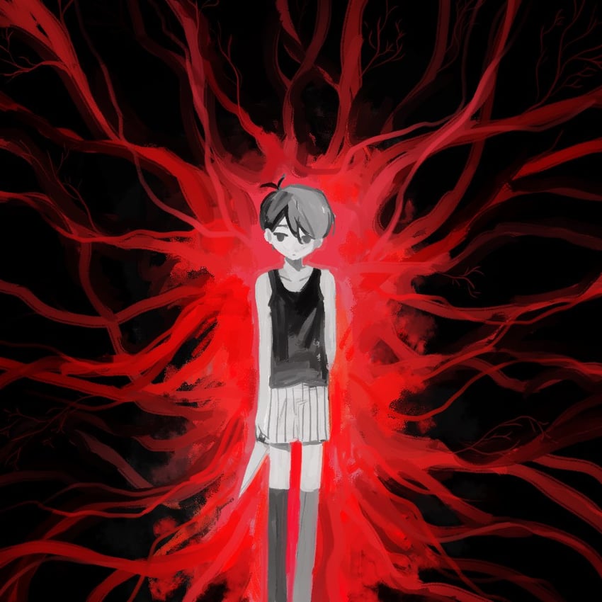 OMORI、Omori (OMORI) 1名男孩 呆毛 黑瞳 黑发 黑色背心