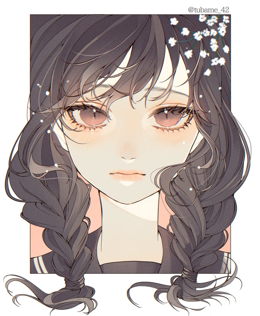 原创 1名女孩 黑发 脸红 边框 辫子