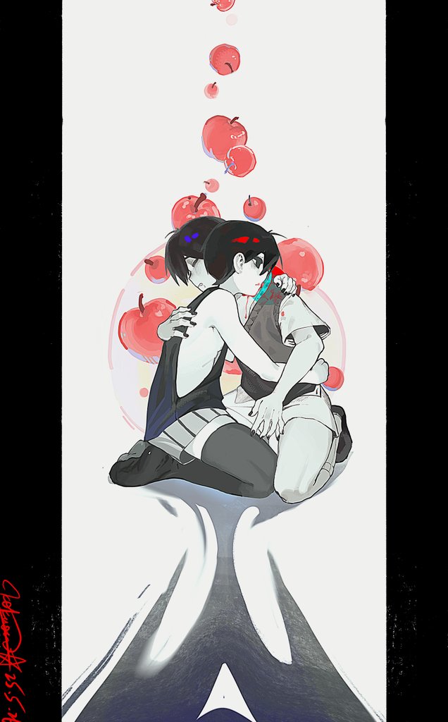 OMORI、Omori (OMORI)、Sunny (OMORI) 2个男孩 呆毛 苹果 黑发 黑色指甲