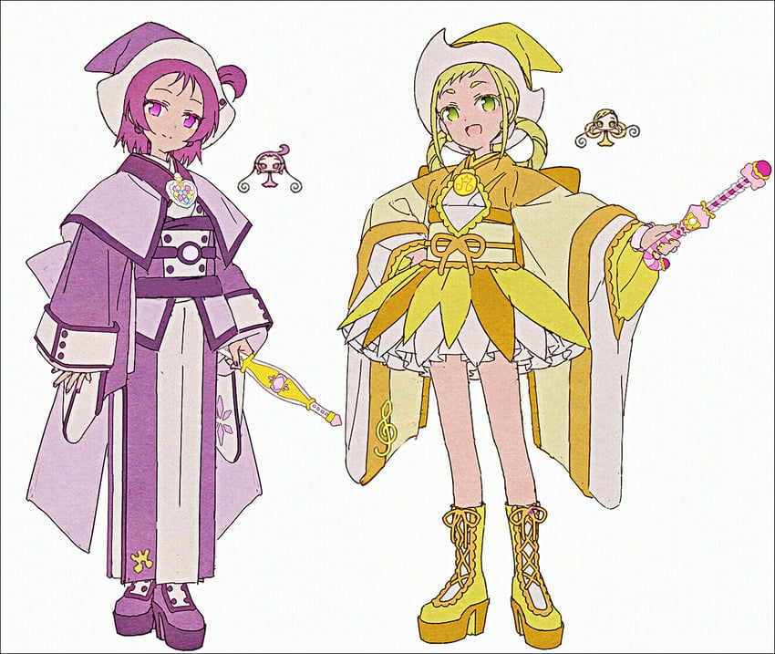 小魔女DoReMi、飞鸟桃子、濑川音符 2名女孩 改装服装 脸红 靴子 小披肩