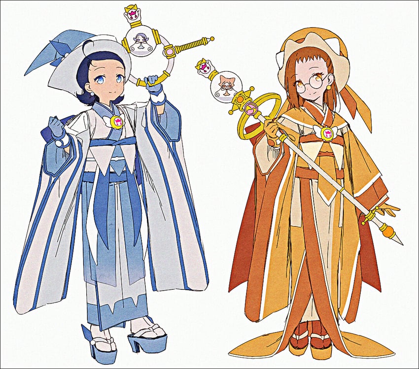 小魔女DoReMi、藤原羽月、咪咪 (小魔女DoReMi) 2名女孩 改装服装 呆毛 蓝眼 蓝色手套