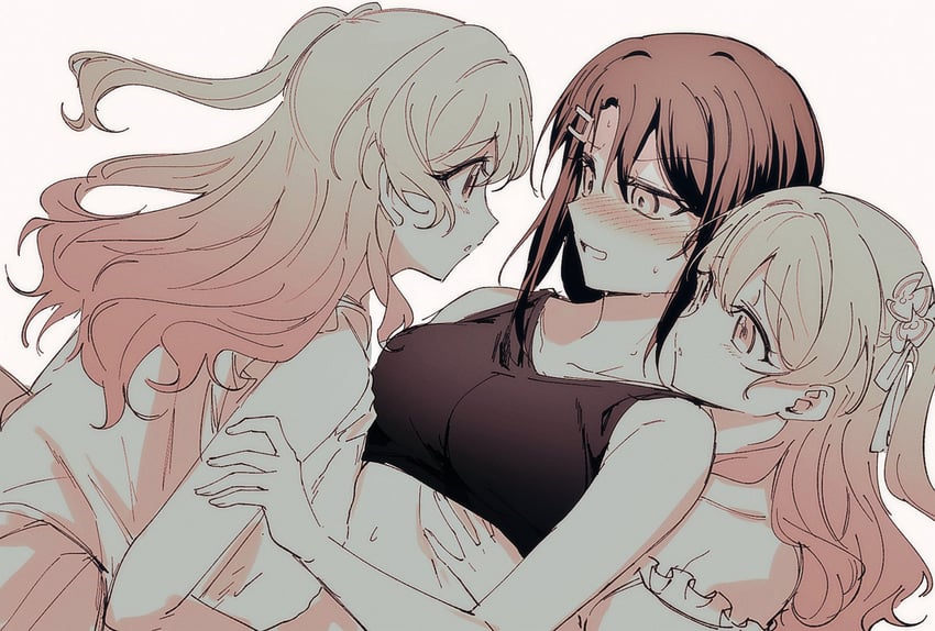 BanG Dream!、少女乐团派对！、松原花音 3人女子 脸红 克隆人后宫 眼神交流 女孩三明治