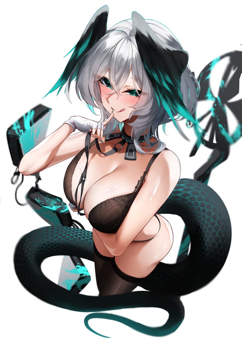 明日方舟、霍尔海雅 (明日方舟) 1名女孩 水色羽毛 黑色文胸 黑羽毛 黑色内裤