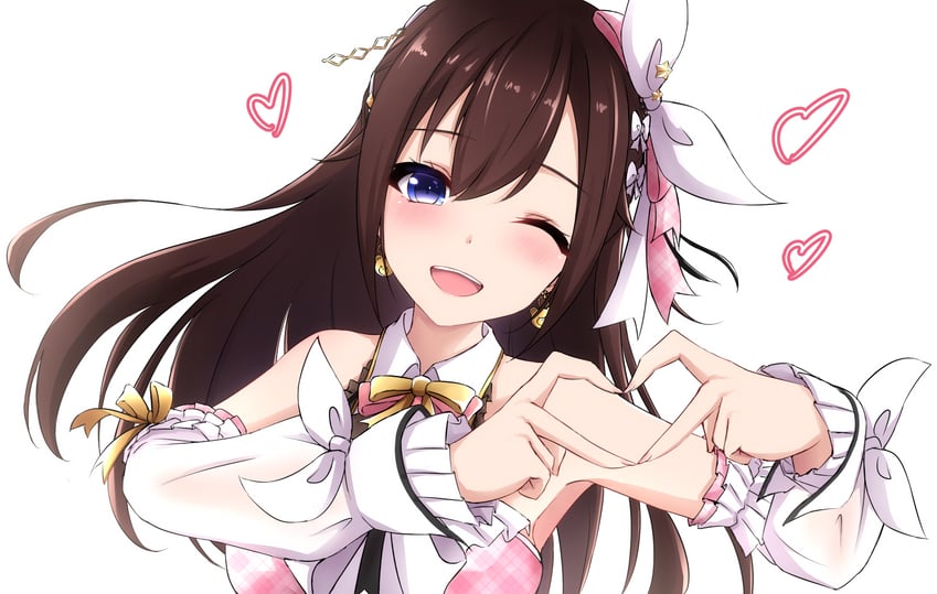 Hololive、时乃空、时乃空 (2024年生日) 熊耳环 脸红 棕发 露肩袖 四指比心