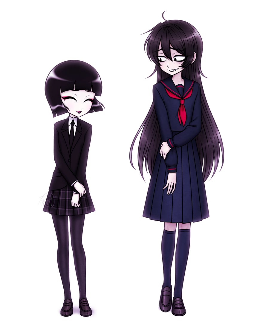 原创、阿波菜菜、霙糸 (sketchmenot) 2名女孩 呆毛 黑唇 黑色领带 黑色连裤袜
