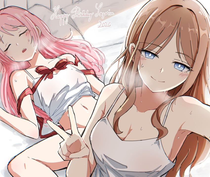 BanG Dream!、Bang Dream! It's MyGO!!!!!、千早爱音 2名女孩 蓝眼 脸红 乳房 棕发