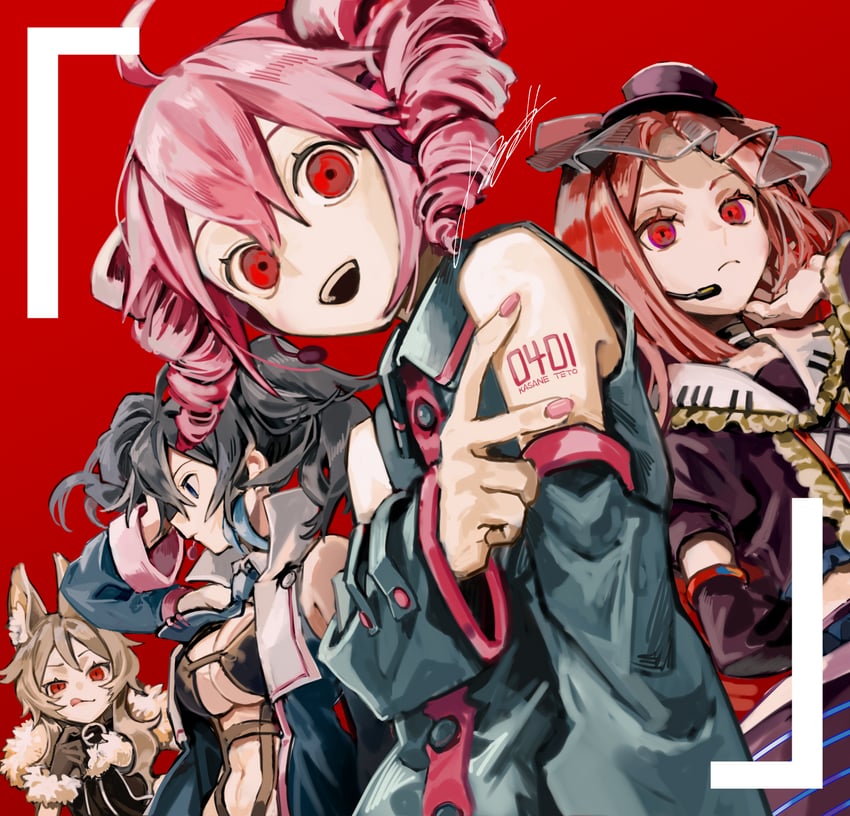UTAU、重音Teto、波音律 1名男孩 3人女子 兽耳 黑发 乳房
