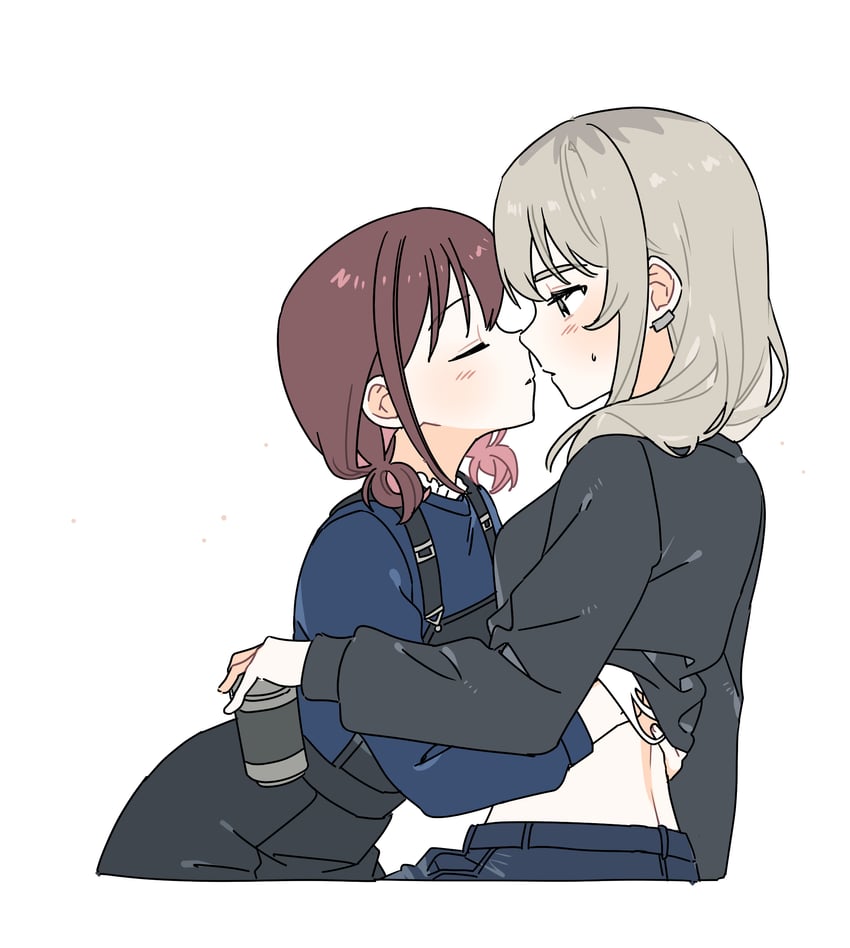 少女乐队的呐喊、井芹仁菜、河原木桃香 2名女孩 黑衬衫 黑色裙子 蓝色衬衫 脸红