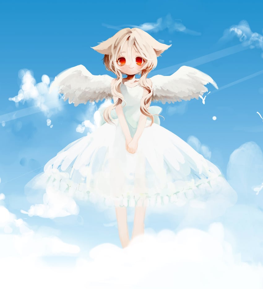 UTAU、樱花巫女 1名女孩 天使翅膀 兽耳 蓝天 棕发