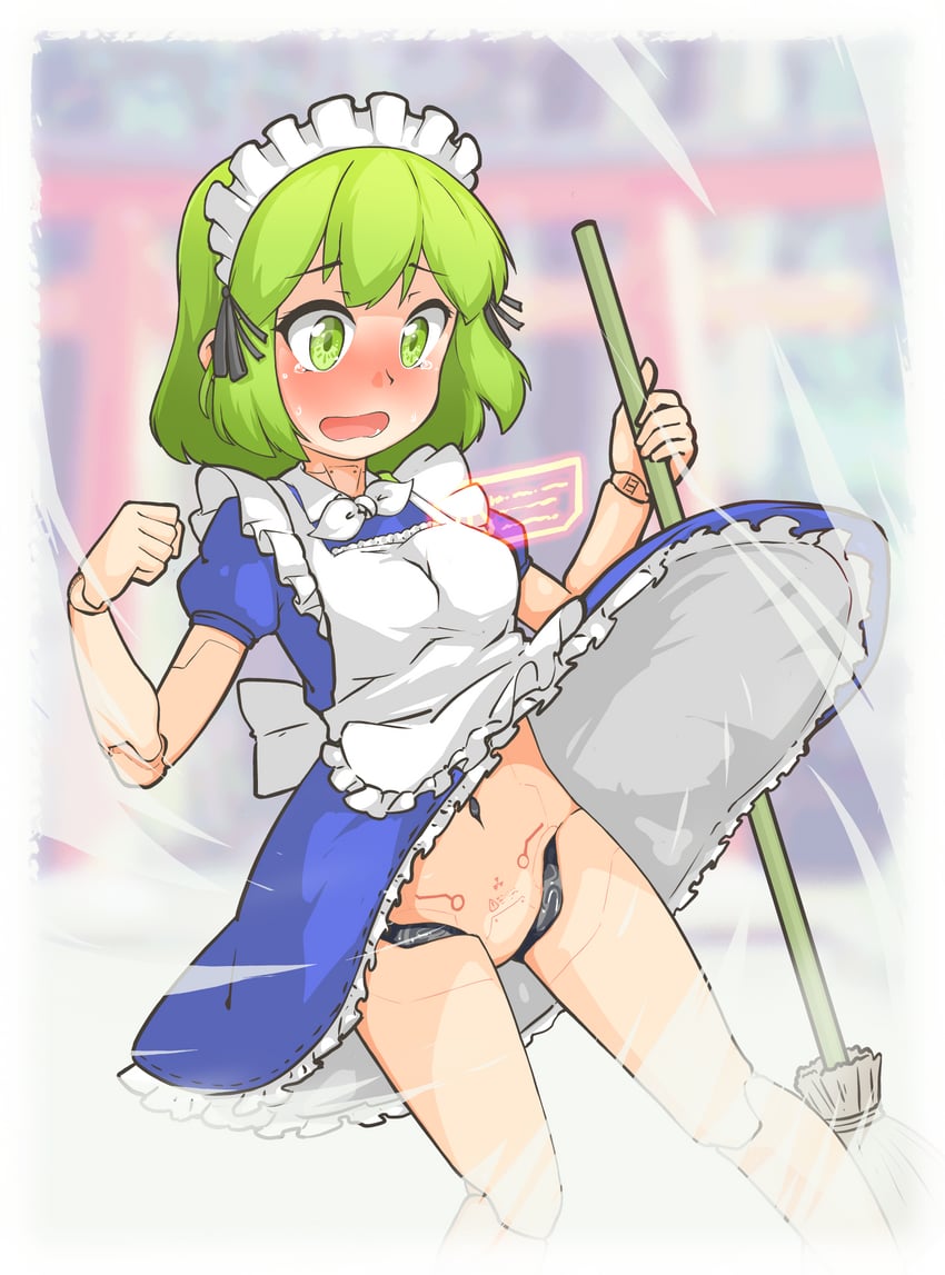 东方Project、东方Project (PC-98)、留琴 1名女孩 机器人 围裙 蓝色连衣裙 脸红
