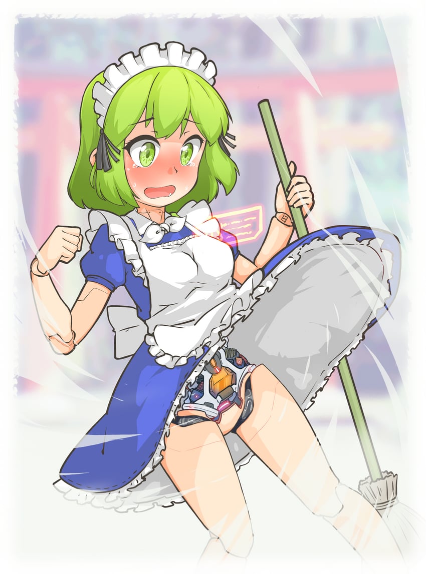 东方Project、东方Project (PC-98)、留琴 1名女孩 机器人 围裙 蓝色连衣裙 脸红