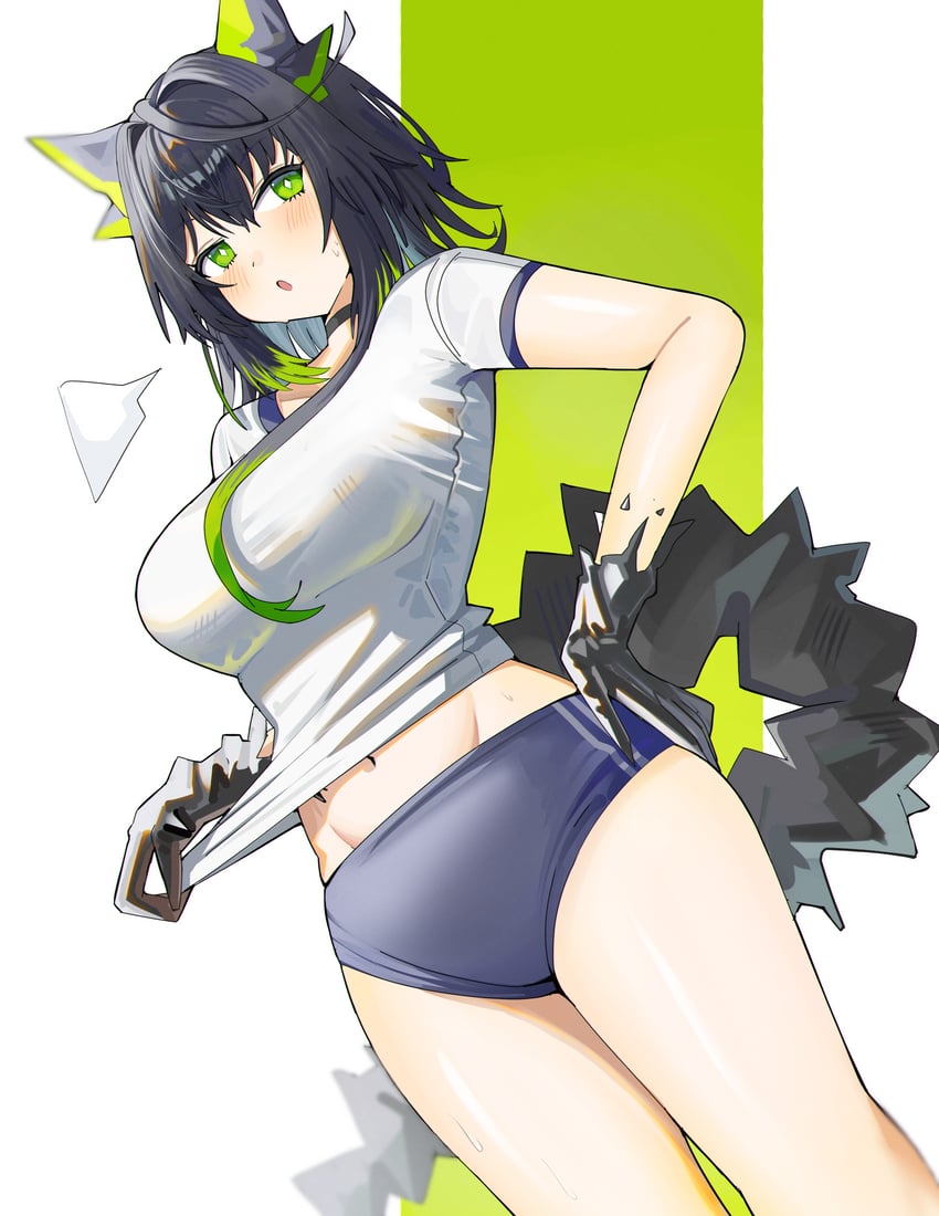 明日方舟、Mon3tr (明日方舟) 1名女孩 替换服装 黑发 蓝色布鲁玛 乳房