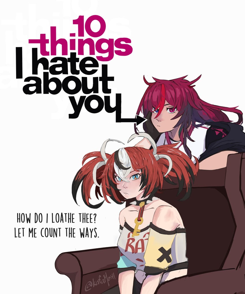 10 things i hate about you、Hololive、Hololive英语 2名女孩 闭嘴 英文文本 发丝垂在眼睛之间 异色瞳