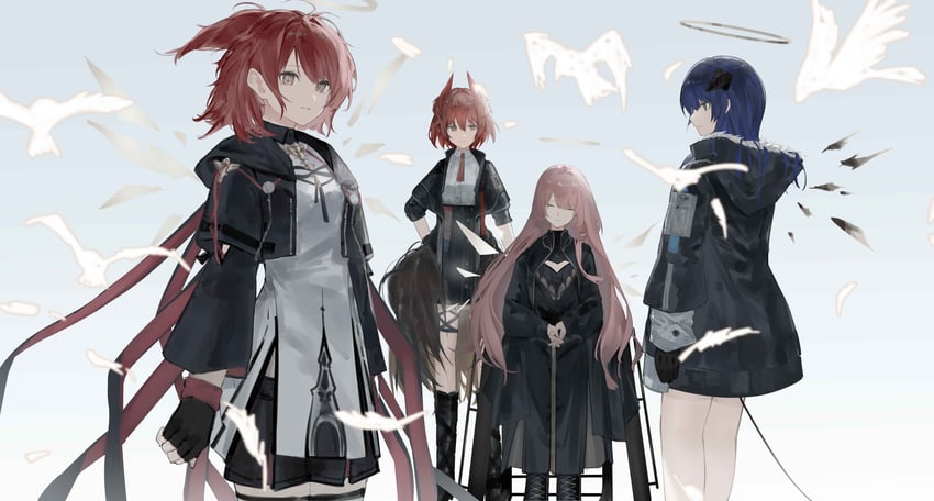 明日方舟、能天使 (明日方舟)、能天使 (新约) (明日方舟) 4个女孩 黑色靴子 黑色连衣裙 黑色手套 黑角