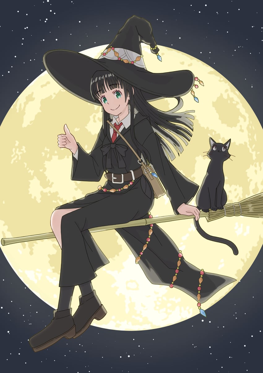 飞翔的魔女、千户 (飞翔的魔女)、木幡真琴 1名女孩 黑猫 黑发 扫帚 骑扫帚