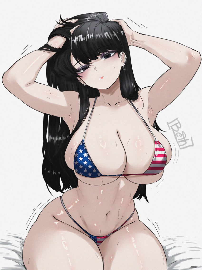 古见同学有交流障碍症、古见硝子 1名女孩 美国国旗 星条旗比基尼 美国国旗印花 举起双手