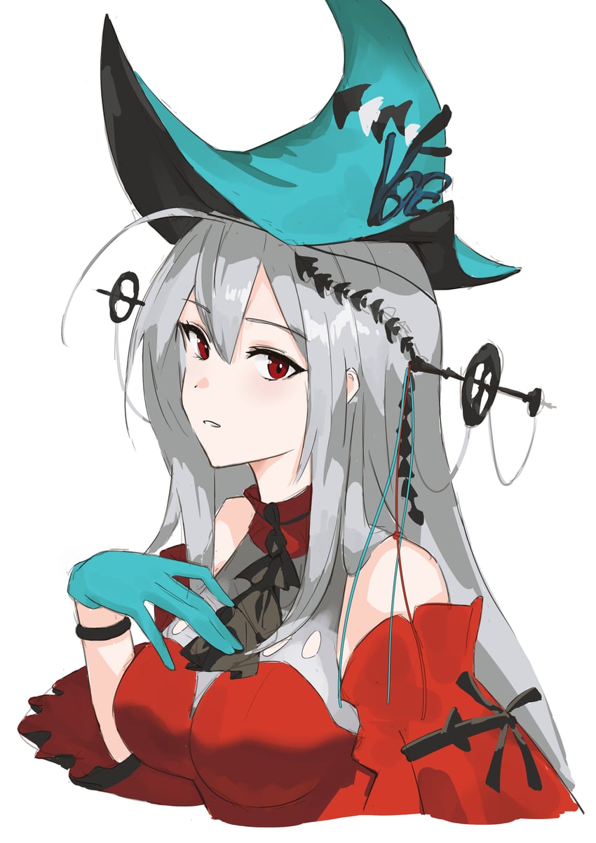 明日方舟、斯卡蒂 (明日方舟)、浊心斯卡蒂(明日方舟) 1名女孩 阿斯科特领巾 露肩 黑色细领带 蓝色手套