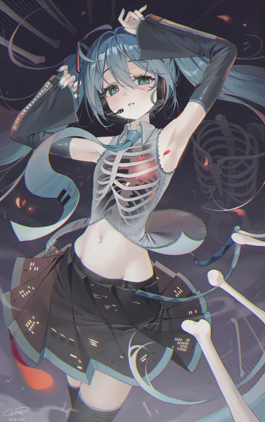 乙女解剖 (Vocaloid)、VOCALOID、初音未来 1名女孩 水色瞳 水色发 黑色裙子 黑色过膝袜