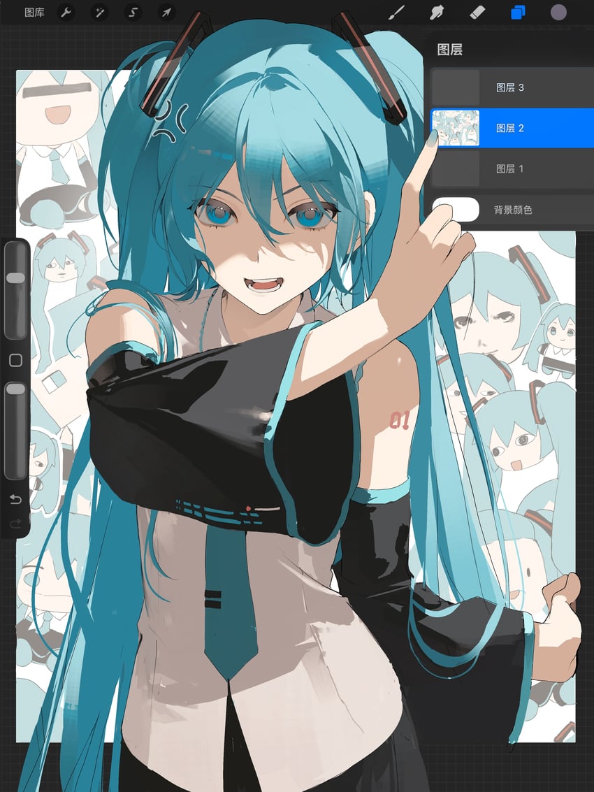 VOCALOID、初音未来、腿音 1名女孩 青筋 水色瞳 水色发 水蓝色指甲