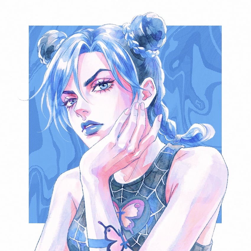 JOJO的奇妙冒险、石之海、空条徐伦 1名女孩 抽象背景 黑衬衫 蓝色背景 蓝眼