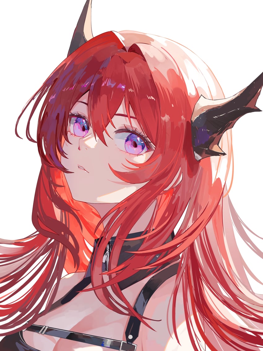 明日方舟、史尔特尔 (明日方舟) 1名女孩 黑角 乳房 乳沟 发丝垂在眼睛之间