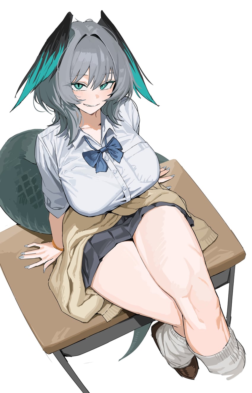 明日方舟、霍尔海雅 (明日方舟) 1名女孩 替换服装 水色瞳 水色羽毛 水蓝色指甲