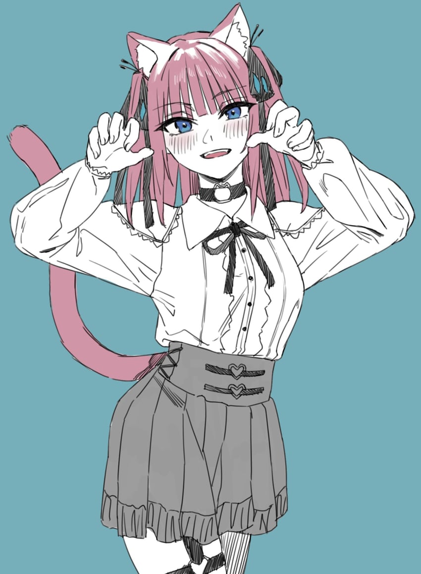 五等分的新娘、中野二乃 1名女孩 兽耳 黑色丝带 蓝色背景 蓝眼