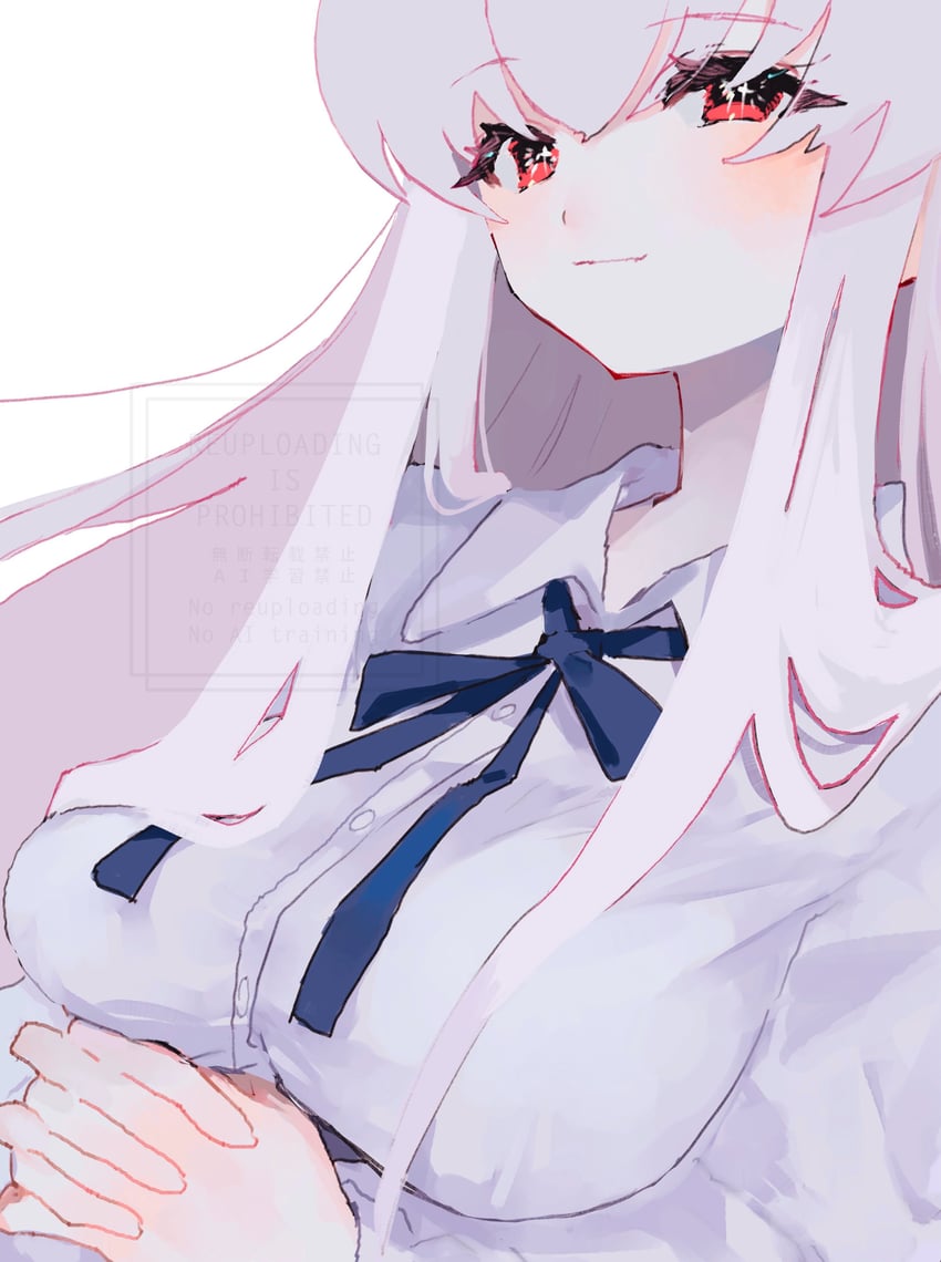 原创 1名女孩 手托胸 蓝色丝带 脸红 乳房
