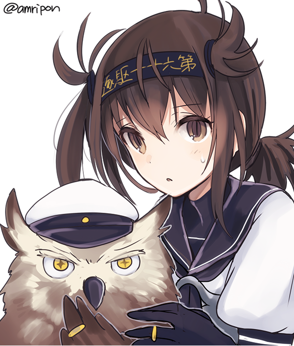 舰队Collection、提督 (舰娘)、初月(舰队收藏) 1名女孩 动物 鸟喙 鸟 黑色连体衣