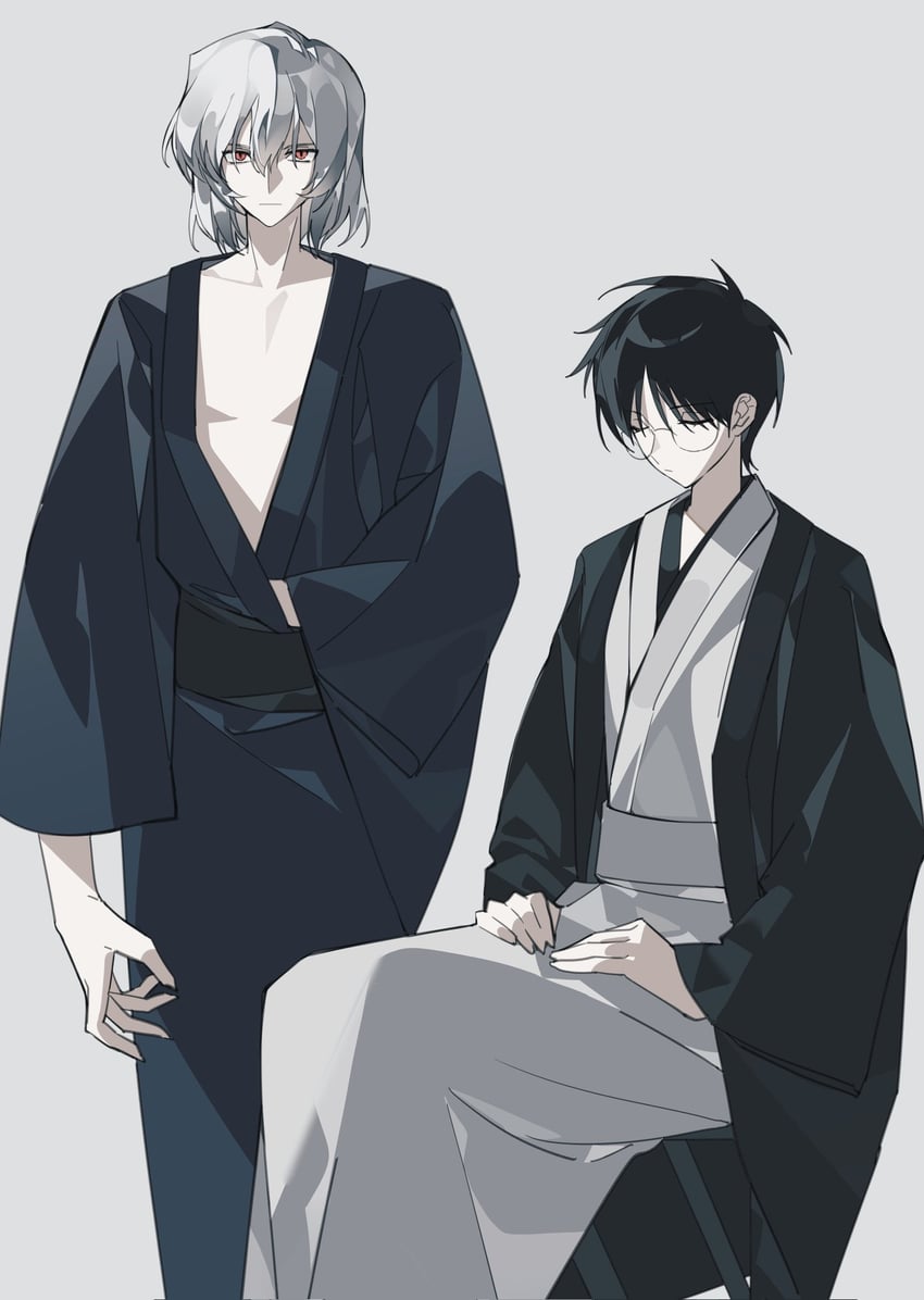 月姬、远野志贵、远野志贵 (原作) 2个男孩 黑发 黑色羽织 蓝色和服 蓝饰带