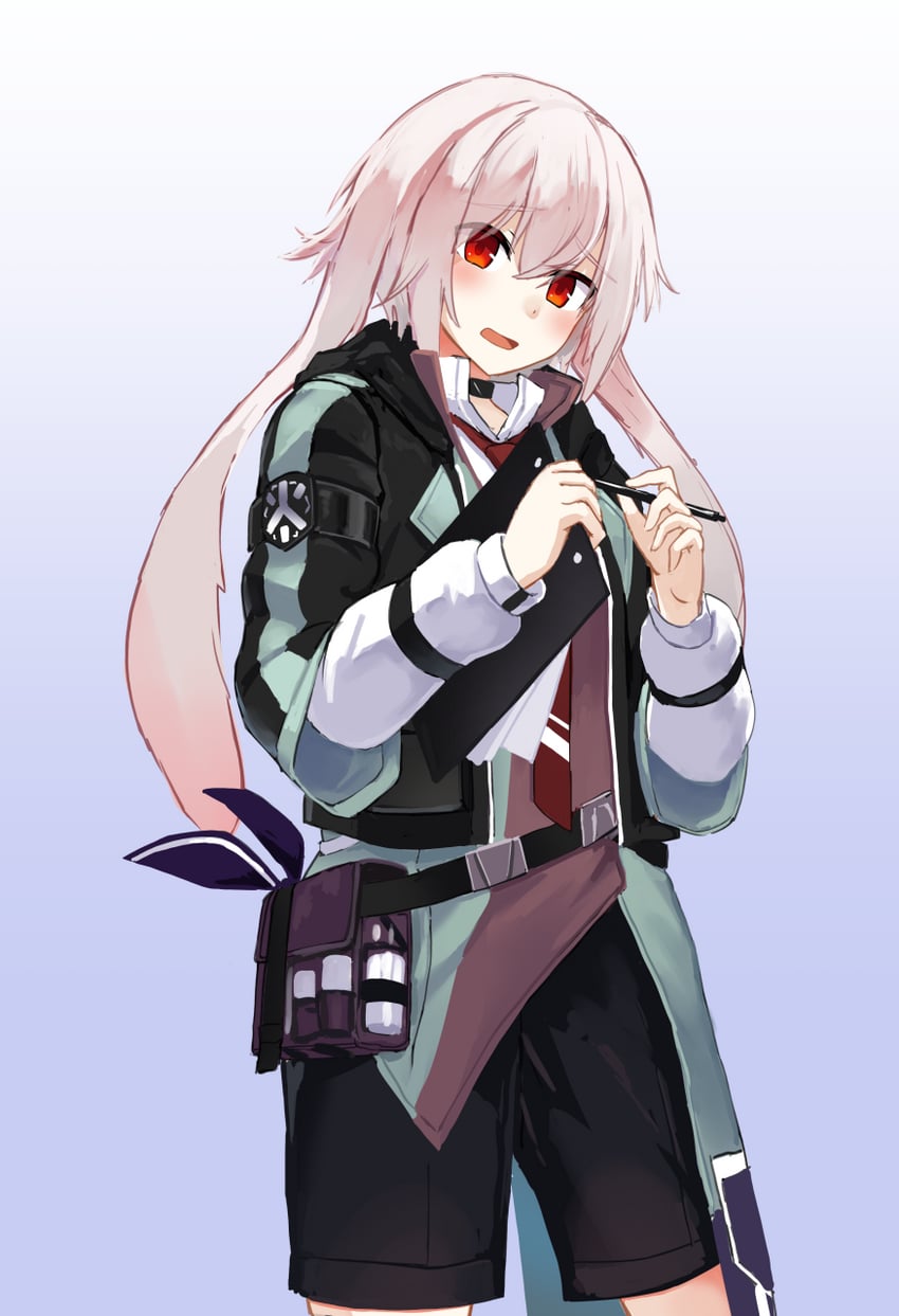 明日方舟、安赛尔 (明日方舟) 1名男孩 兽耳 黑色夹克 黑色短裤 蓝色背景