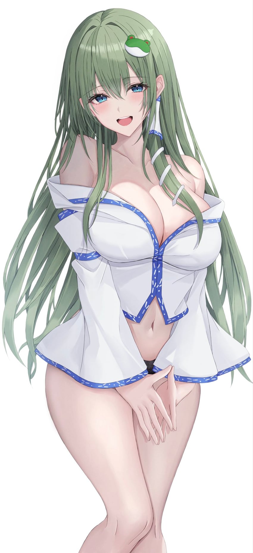 东方Project、东风谷早苗 1名女孩 :D 裸腿 露肩 蓝色镶边