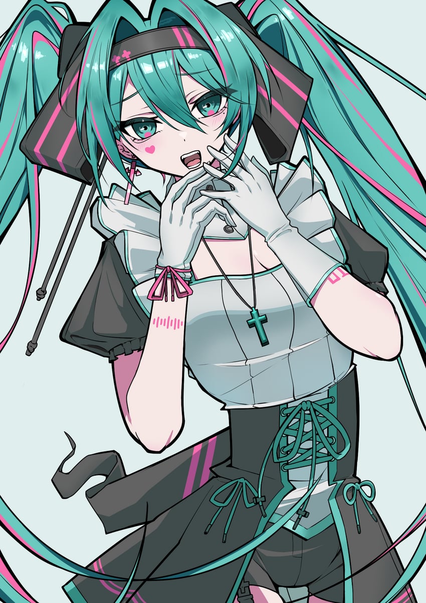VOCALOID、初音未来 1名女孩 水色瞳 水色发 手臂纹身 黑色发带