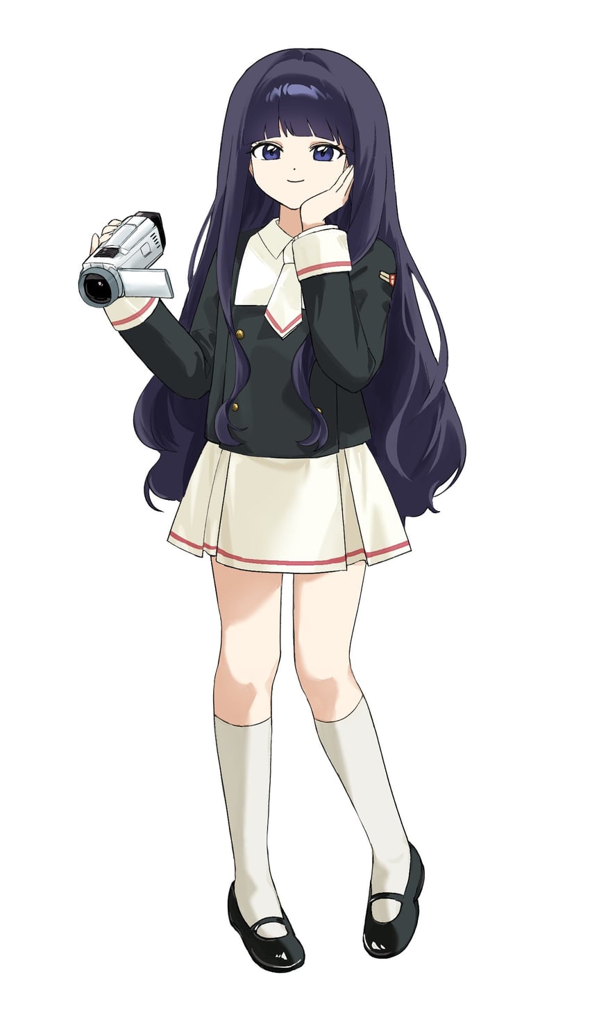 魔卡少女樱、大道寺知世 1名女孩 黑色夹克 黑鞋 照相机 手放在自己脸上