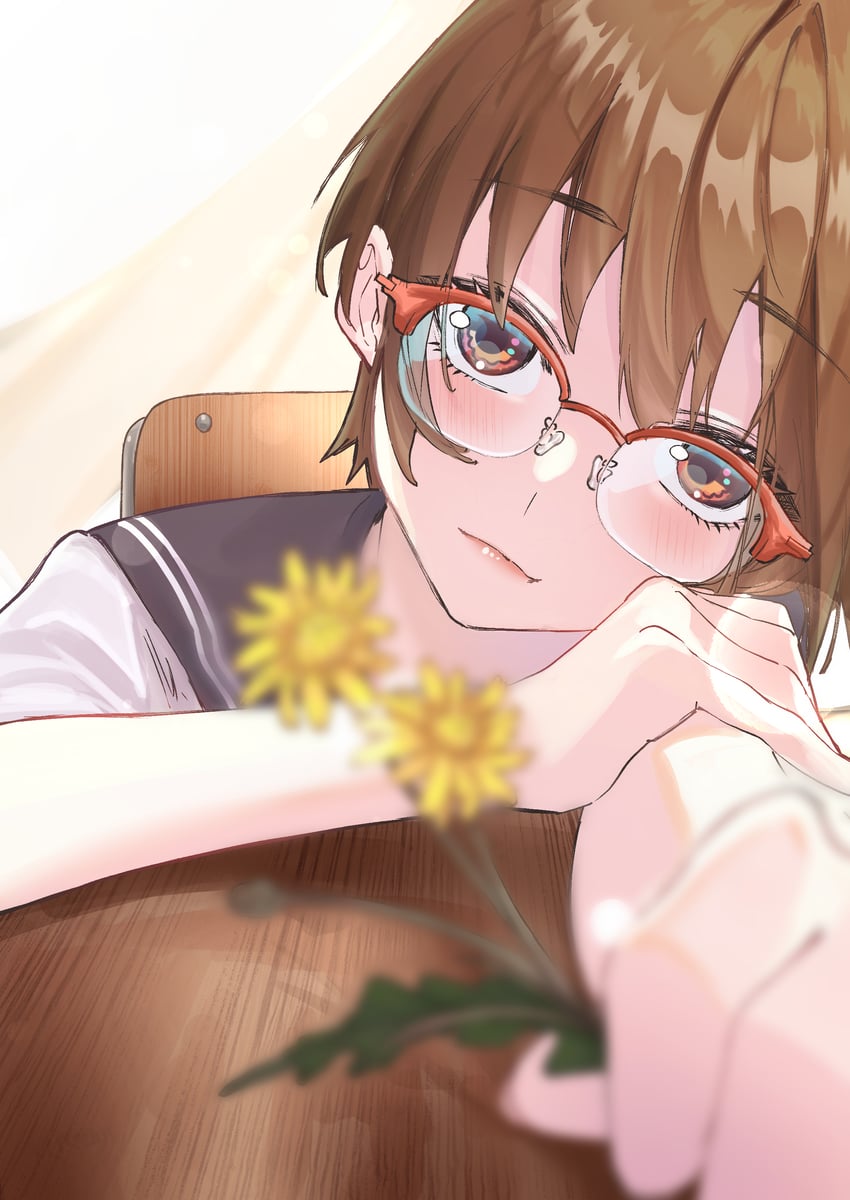 原创 1名女孩 黑色水手领 模糊 模糊前景 脸红