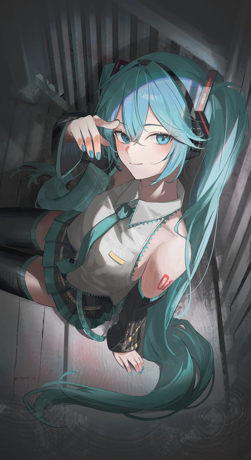 VOCALOID、初音未来 1名女孩 水色瞳 水色发 水蓝色指甲 水蓝色领带