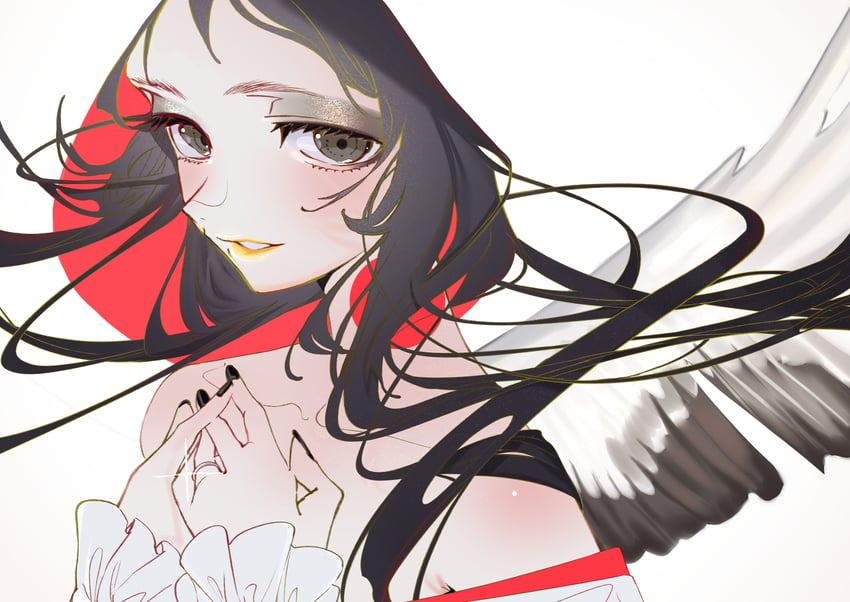 原创 1名女孩 露肩 黑瞳 黑发 黑色指甲