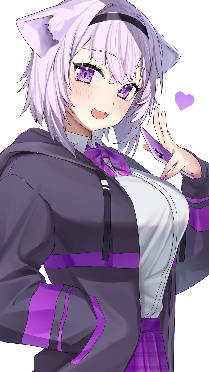 Hololive、猫又小粥 1名女孩 猫脸笑 :D 兽耳 黑色夹克