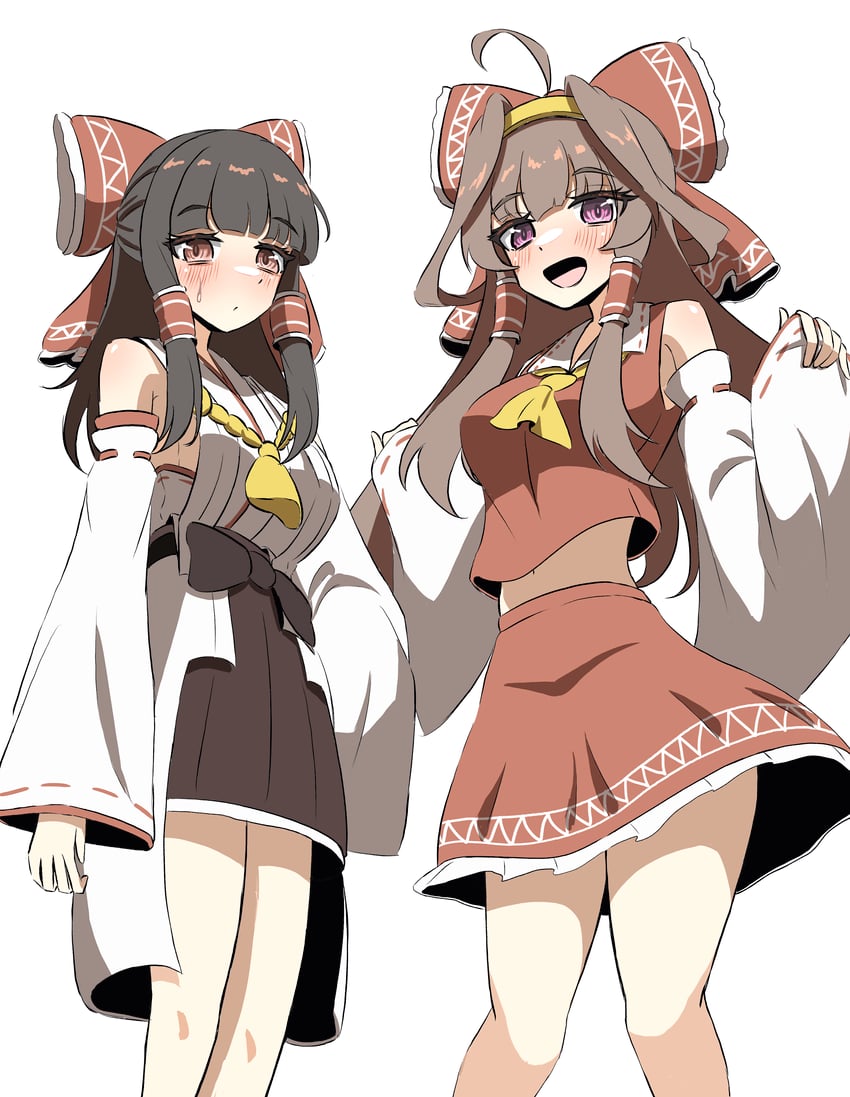 舰队Collection、东方Project、博丽灵梦 2名女孩 呆毛 阿斯科特领巾 黑发 蝴蝶结