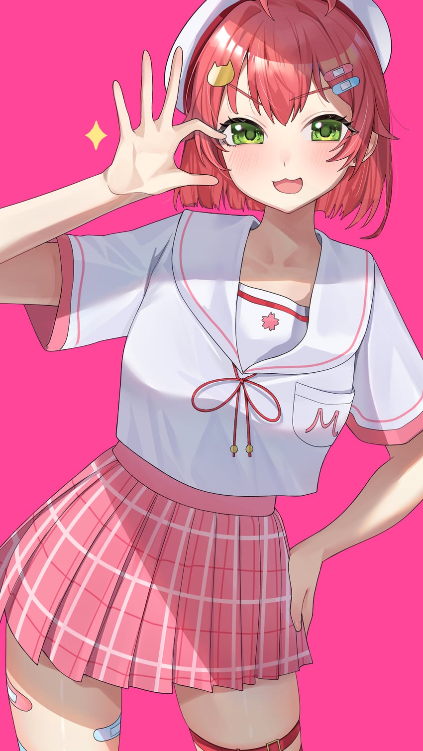 Hololive、樱巫女、樱巫女 (校服) 1名女孩 猫脸笑 :D 呆毛 创可贴