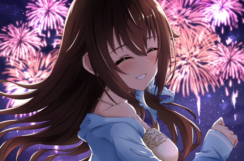Hololive、时乃空 1名女孩 烟花 替换服装 蓝色夹克 棕发