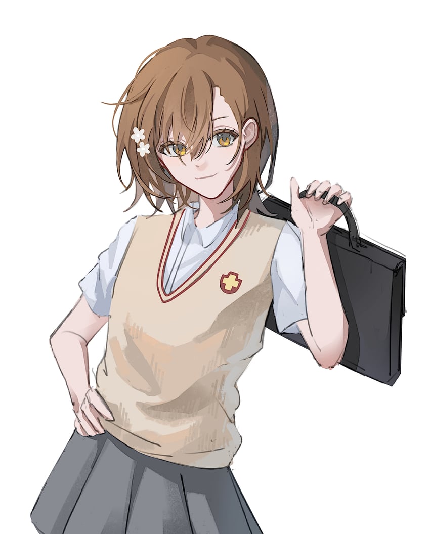 某科学的超电磁炮、魔法禁书目录、御坂美琴 1名女孩 脸红 乳房 公文包 棕眼睛