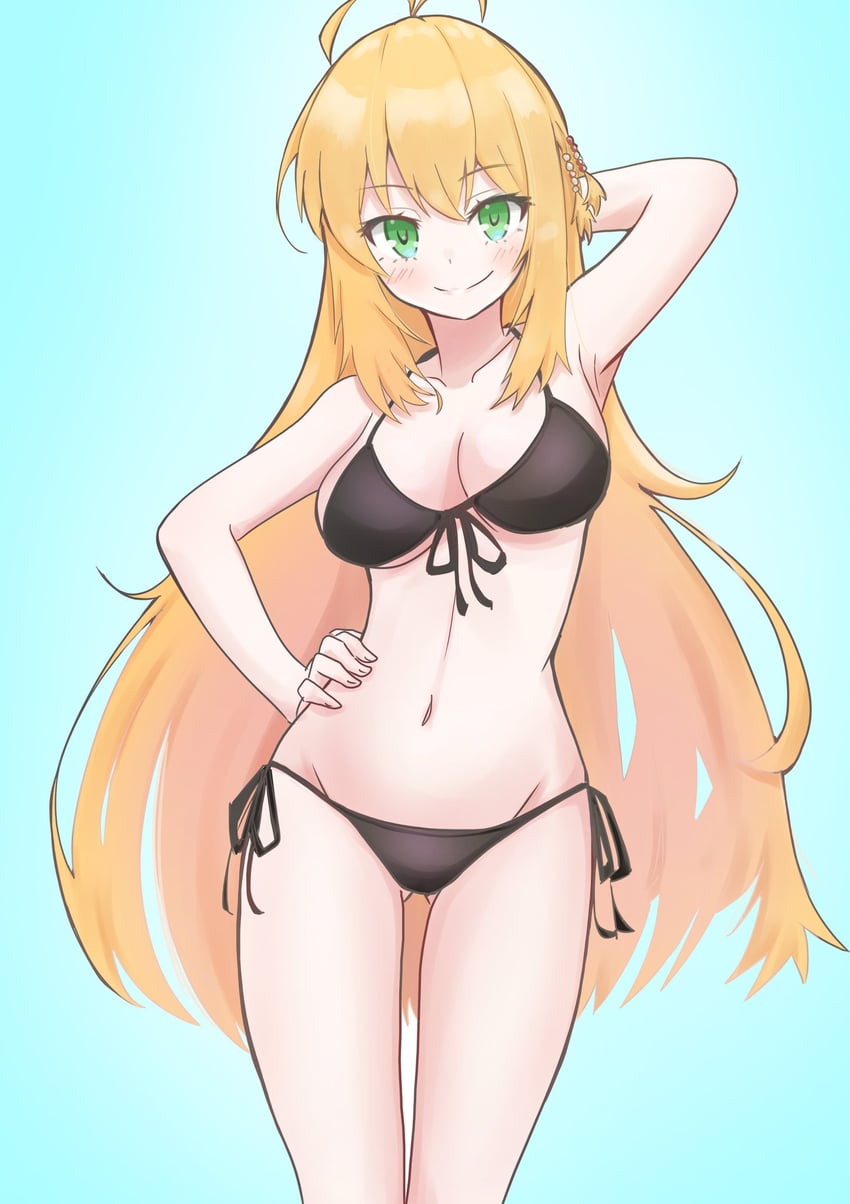 二次元插画 1名女孩 呆毛 手放在头后 比基尼 比基尼日