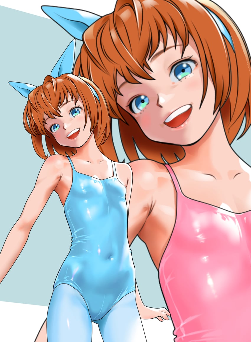 原创 1名女孩 蓝眼 蓝色紧身衣 蓝连裤袜 乳房