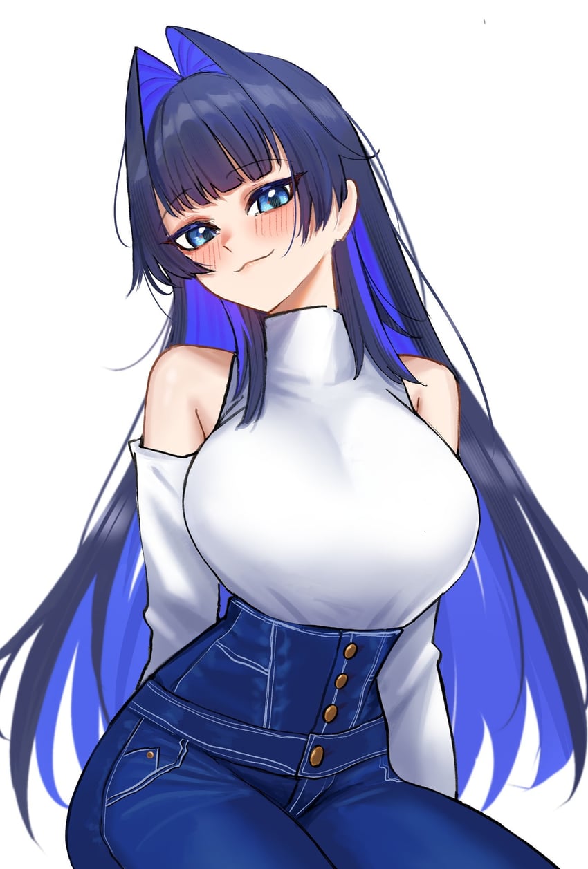 Hololive、Hololive英语、议会 (Kronii) 1名女孩 猫脸笑 蓝眼 蓝发 蓝色裤子