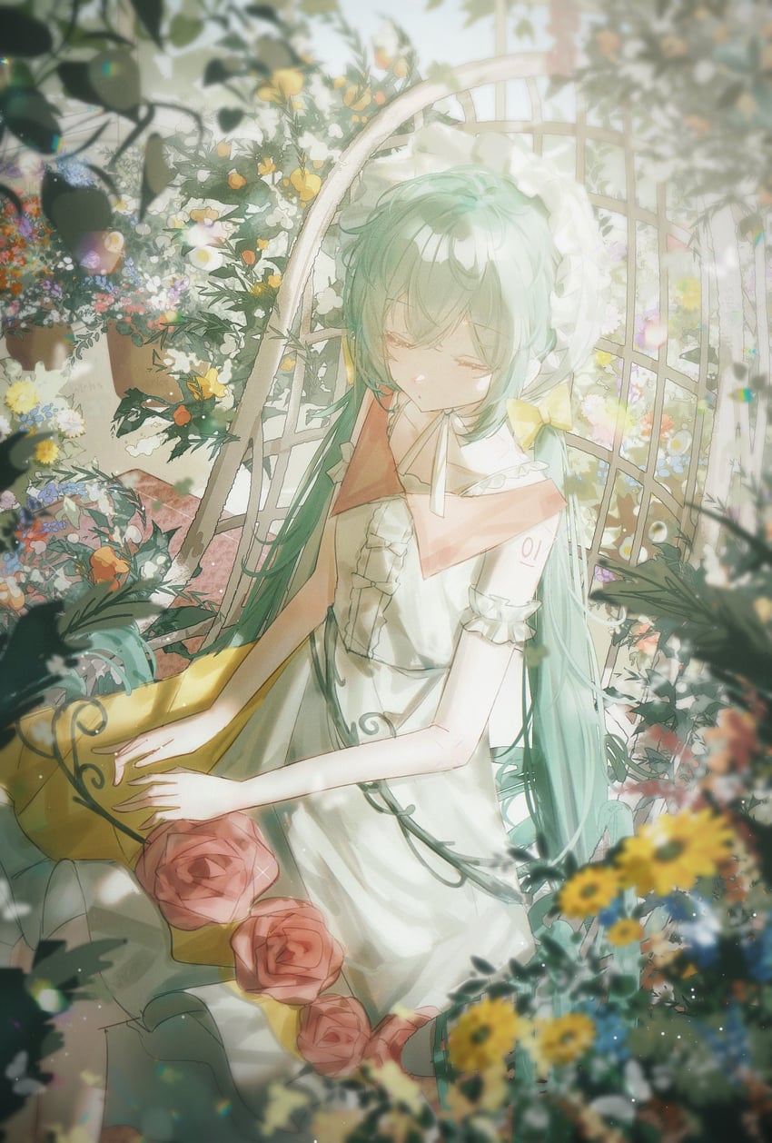 VOCALOID、初音未来 1名女孩 水色发 臂章 蓝花 蝴蝶结
